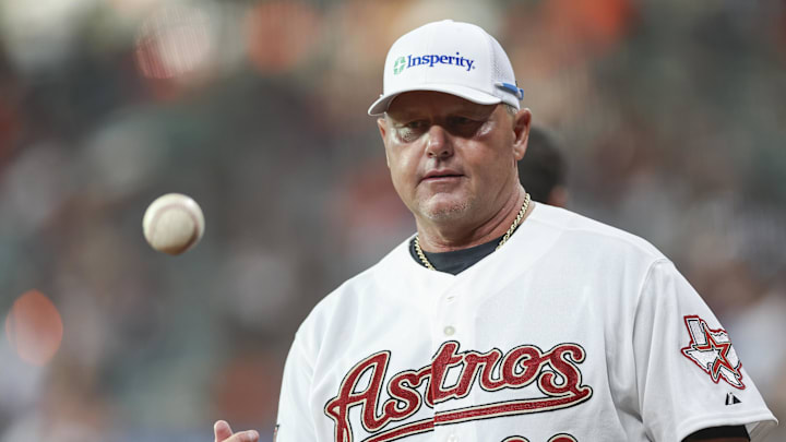 Houston Astros former pitcher Roger Clemens tosses a ball before the game between the Astros and the Tampa Bay Rays at Minute Maid Park in 2024. Houston Astros former pitcher Roger Clemens tosses a ball before the game between the Astros and the Tampa Bay Rays at Minute Maid Park in 2024.