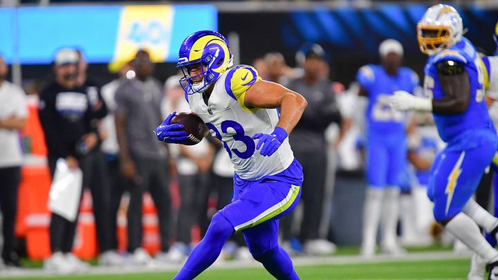Aug 27, 2026; Inglewood, California, USA; Los Angeles Rams tight end Mark Redman (83) runs the ball against the Los Angeles Chargers during the first half at SoFi Stadium. Mandatory Credit: Gary A. Vasquez-Imagn Images