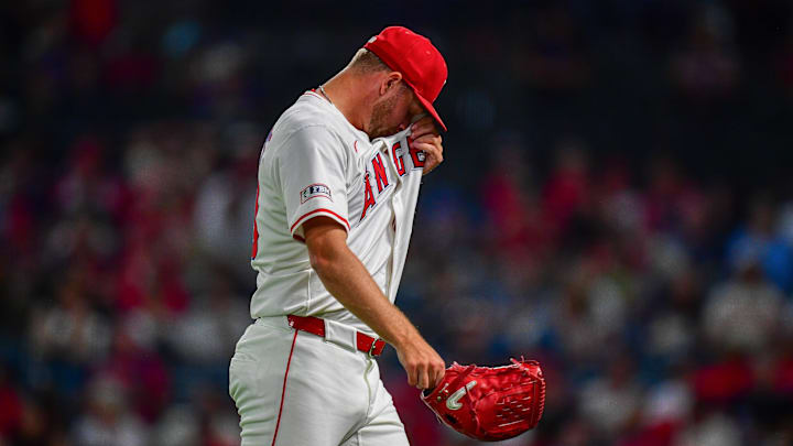 Jul 30, 2025; Anaheim, California, USA; Los Angeles Angels pitcher Reid Detmers (48) walks to the dugout after being relieved against the Texas Rangers during the eighth inning at Angel Stadium. Mandatory Credit: Gary A. Vasquez-Imagn Images Jul 30, 2025; Anaheim, California, USA; Los Angeles Angels pitcher Reid Detmers (48) walks to the dugout after being relieved against the Texas Rangers during the eighth inning at Angel Stadium. Mandatory Credit: Gary A. Vasquez-Imagn Images