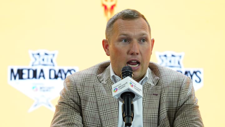 Jul 8, 2025; Frisco, TX, USA; Arizona State head coach Kenny Dillingham addresses the media during 2025 Big 12 Football Media Days at The Star. Mandatory Credit: Raymond Carlin III-Imagn Images