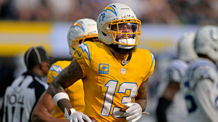 Oct 19, 2025; Inglewood, California, USA; Los Angeles Chargers wide receiver Keenan Allen (13) celebrates after a touchdown against the Indianapolis Colts at SoFi Stadium. Oct 19, 2025; Inglewood, California, USA; Los Angeles Chargers wide receiver Keenan Allen (13) celebrates after a touchdown against the Indianapolis Colts at SoFi Stadium.