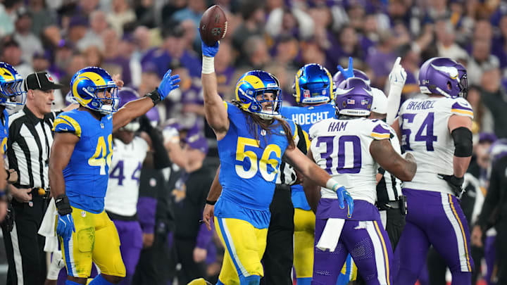 Los Angeles Rams linebacker Christian Rozeboom (56) comes up with a fumbled ball by the Minnesota Vikings during their playoff game at State Farm Stadium on Jan. 13, 2025, in Glendale.