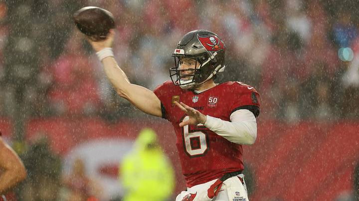 Jan 3, 2026; Tampa, Florida, USA;  Tampa Bay Buccaneers quarterback Baker Mayfield (6) throws a pass against the Carolina Panthers in the first half at Raymond James Stadium. Mandatory Credit: Nathan Ray Seebeck-Imagn Images