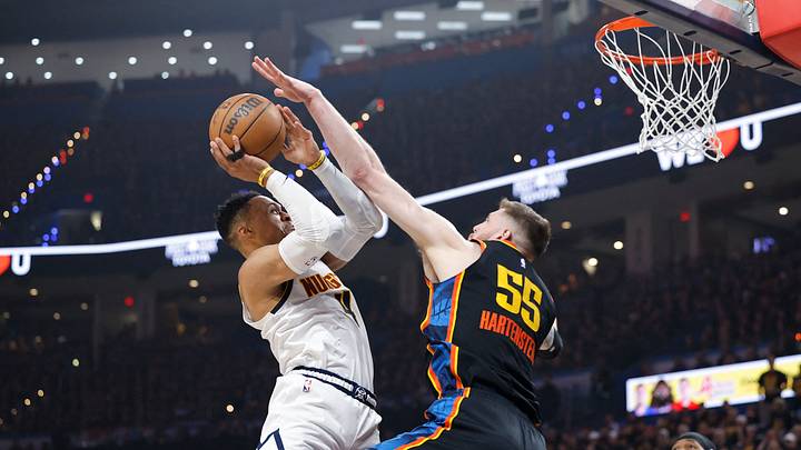 May 5, 2025; Oklahoma City, Oklahoma, USA; Denver Nuggets guard Russell Westbrook (4) shoots against Oklahoma City Thunder center Isaiah Hartenstein (55) during the second quarter during game one of the second round for the 2025 NBA Playoffs at Paycom Center. Mandatory Credit: Alonzo Adams-Imagn Images May 5, 2025; Oklahoma City, Oklahoma, USA; Denver Nuggets guard Russell Westbrook (4) shoots against Oklahoma City Thunder center Isaiah Hartenstein (55) during the second quarter during game one of the second round for the 2025 NBA Playoffs at Paycom Center. Mandatory Credit: Alonzo Adams-Imagn Images