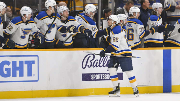 Mar 18, 2025; Nashville, Tennessee, USA;  St. Louis Blues center Jordan Kyrou (25) celebrates his goal with his teammates during the second period against the Nashville Predators at Bridgestone Arena. Mandatory Credit: Steve Roberts-Imagn Images