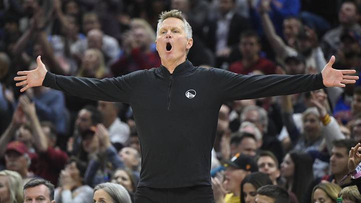 Nov 8, 2024; Cleveland, Ohio, USA; Golden State Warriors head coach Steve Kerr reacts in the first quarter against the Cleveland Cavaliers at Rocket Mortgage FieldHouse. Mandatory Credit: David Richard-Imagn Images Nov 8, 2024; Cleveland, Ohio, USA; Golden State Warriors head coach Steve Kerr reacts in the first quarter against the Cleveland Cavaliers at Rocket Mortgage FieldHouse. Mandatory Credit: David Richard-Imagn Images