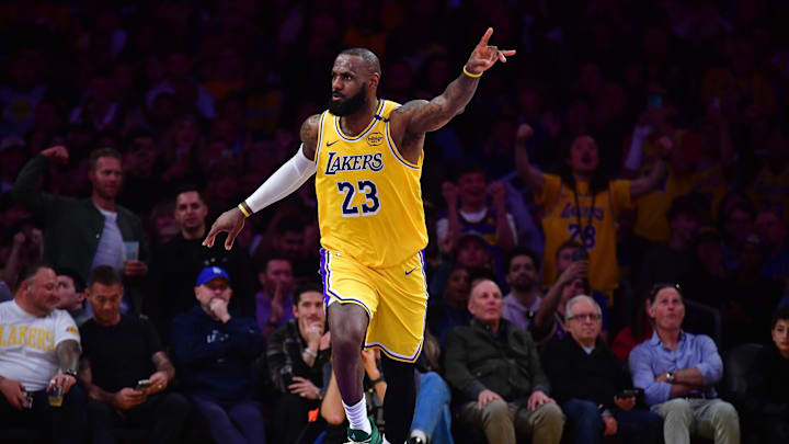 Apr 3, 2025; Los Angeles, California, USA; Los Angeles Lakers forward LeBron James (23) reacts after scoring a basket against the Golden State Warriors during the second half at Crypto.com Arena. Mandatory Credit: Gary A. Vasquez-Imagn Images Apr 3, 2025; Los Angeles, California, USA; Los Angeles Lakers forward LeBron James (23) reacts after scoring a basket against the Golden State Warriors during the second half at Crypto.com Arena. Mandatory Credit: Gary A. Vasquez-Imagn Images