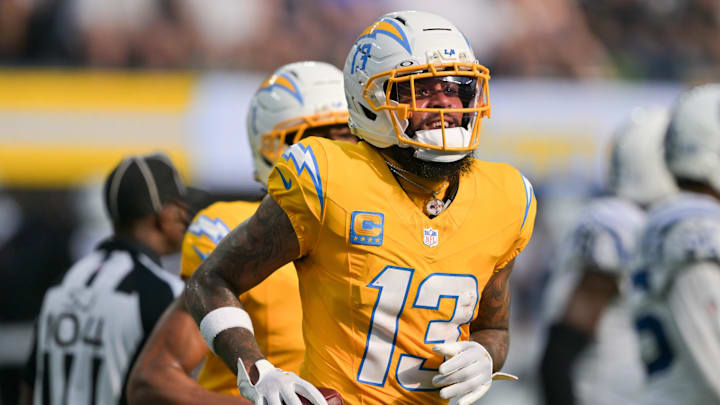Los Angeles Chargers wide receiver Keenan Allen (13) celebrates after a touchdown in the second half against the Indianapolis Colts at SoFi Stadium. Los Angeles Chargers wide receiver Keenan Allen (13) celebrates after a touchdown in the second half against the Indianapolis Colts at SoFi Stadium.
