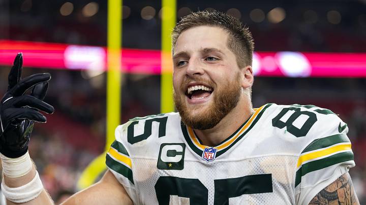 Green Bay Packers tight end Tucker Kraft celebrates a victory against the Arizona Cardinals. Green Bay Packers tight end Tucker Kraft celebrates a victory against the Arizona Cardinals.