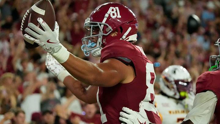 Sep 6, 2025; Tuscaloosa, Alabama, USA;  Alabama tight end Kaleb Edwards (81) celebrates after catching a touchdown pass against UL Monroe at Saban Field at Bryant-Denny Stadium. Mandatory Credit: Gary Cosby Jr.-Imagn Images