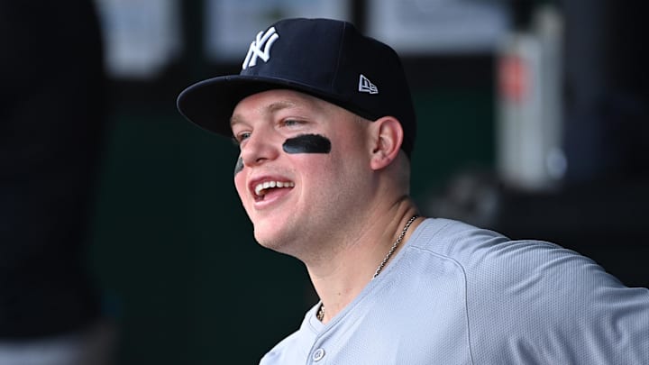 Jun 11, 2024; Kansas City, Missouri, USA; New York Yankees left fielder Alex Verdugo (24) looks on before a game against the Kansas City Royals at Kauffman Stadium. Mandatory Credit: Peter Aiken-USA TODAY Sports Jun 11, 2024; Kansas City, Missouri, USA; New York Yankees left fielder Alex Verdugo (24) looks on before a game against the Kansas City Royals at Kauffman Stadium. Mandatory Credit: Peter Aiken-USA TODAY Sports
