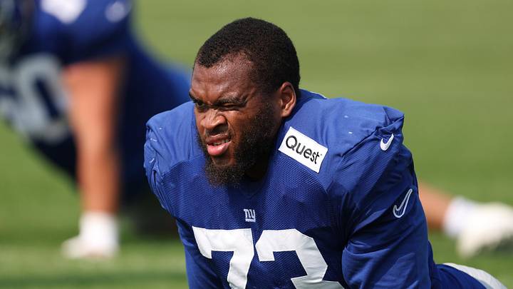 Aug 4, 2025; East Rutherford, NJ, USA; New York Giants offensive tackle Evan Neal (73) on the field during training camp at Quest Diagnostics Training Center. Aug 4, 2025; East Rutherford, NJ, USA; New York Giants offensive tackle Evan Neal (73) on the field during training camp at Quest Diagnostics Training Center.
