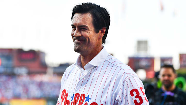 Jun 21, 2024; Philadelphia, Pennsylvania, USA; Former Philadelphia Phillies pitcher Cole Hamels looks on before the game against the Arizona Diamondbacks at Citizens Bank Park. Jun 21, 2024; Philadelphia, Pennsylvania, USA; Former Philadelphia Phillies pitcher Cole Hamels looks on before the game against the Arizona Diamondbacks at Citizens Bank Park.
