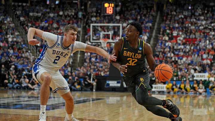 Mar 23, 2025; Raleigh, NC, USA; Duke Blue Devils forward Cooper Flagg (2) defends against Baylor Bears guard Jalen Celestine (32) during the first half in the second round of the NCAA Tournament at Lenovo Center. Mandatory Credit: Zachary Taft-Imagn Images Mar 23, 2025; Raleigh, NC, USA; Duke Blue Devils forward Cooper Flagg (2) defends against Baylor Bears guard Jalen Celestine (32) during the first half in the second round of the NCAA Tournament at Lenovo Center. Mandatory Credit: Zachary Taft-Imagn Images