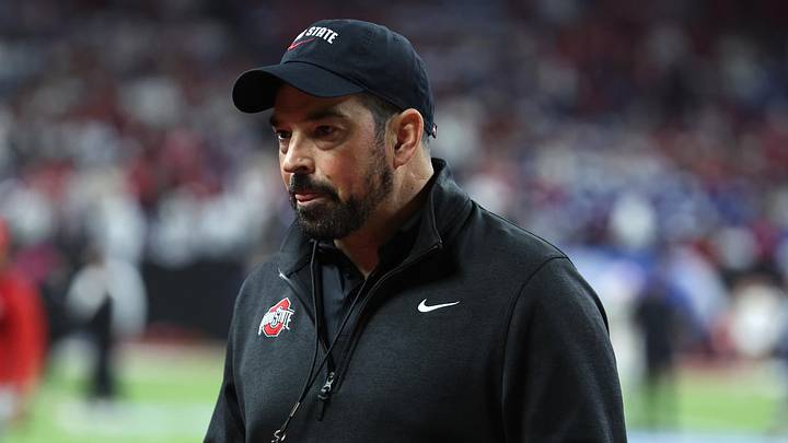 Dec 6, 2025; Indianapolis, IN, USA; Ohio State Buckeyes head coach Ryan Day looks on before the 2025 Big Ten championship game against the Indiana Hoosiers at Lucas Oil Stadium. Mandatory Credit: Trevor Ruszkowski-Imagn Images