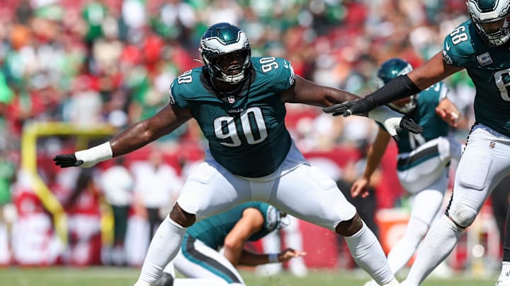 Sep 29, 2024; Tampa, Florida, USA; Philadelphia Eagles defensive tackle Jordan Davis (90) blocks during an extra point attempt at Raymond James Stadium. Mandatory Credit: Nathan Ray Seebeck-Imagn Images Sep 29, 2024; Tampa, Florida, USA; Philadelphia Eagles defensive tackle Jordan Davis (90) blocks during an extra point attempt at Raymond James Stadium. Mandatory Credit: Nathan Ray Seebeck-Imagn Images