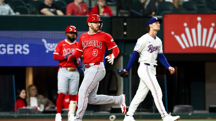 Aug 27, 2025; Arlington, Texas, USA;  Los Angeles Angels left fielder Taylor Ward (3) scores during the first inning against the Texas Rangers at Globe Life Field. Mandatory Credit: Kevin Jairaj-Imagn Images