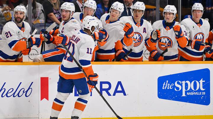Oct 27, 2026; Nashville, Tennessee, USA;  New York Islanders left wing Anthony Duclair (11) celebrates with his teammates after scoring a goal against the Nashville Predators during the first period at Bridgestone Arena.  Mandatory Credit: Steve Roberts-Imagn Images