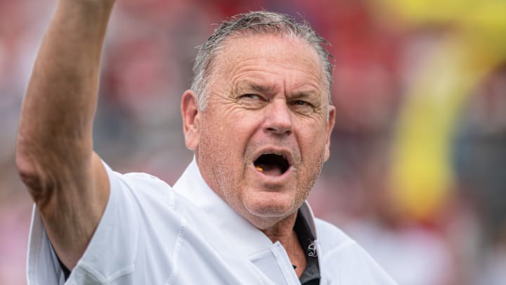Arkansas Razorbacks coach Sam Pittman before game with the Arkansas State Red Wolves at War Memorial Stadium in Little Rock, Ark.