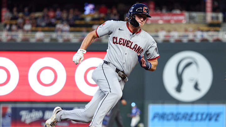 Sep 20, 2025; Minneapolis, Minnesota, USA; Cleveland Guardians center fielder Petey Halpin (0) rounds third base to score in his Major League debut against the Minnesota Twins during the fifth inning of game two of a double header at Target Field. Mandatory Credit: Matt Krohn-Imagn Images
