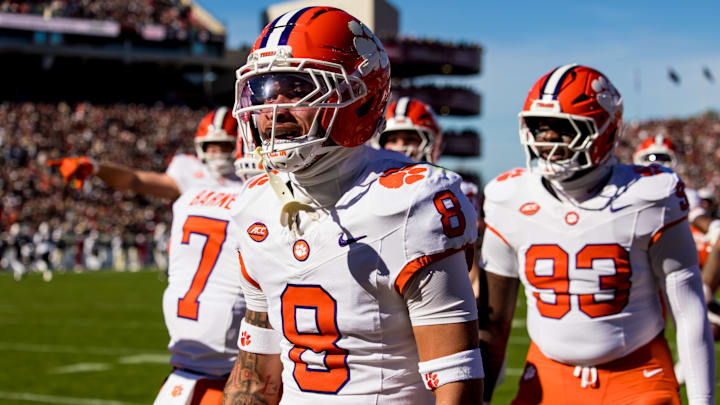 Nov 29, 2025; Columbia, South Carolina, USA; Clemson Tigers cornerback Avieon Terrell (8) celebrates a play against the South Carolina Gamecocks in the first quarter at Williams-Brice Stadium. Mandatory Credit: Jeff Blake-Imagn Images Nov 29, 2025; Columbia, South Carolina, USA; Clemson Tigers cornerback Avieon Terrell (8) celebrates a play against the South Carolina Gamecocks in the first quarter at Williams-Brice Stadium. Mandatory Credit: Jeff Blake-Imagn Images
