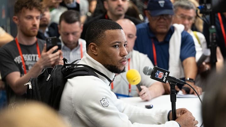 Feb 5, 2025; New Orleans, LA, USA; Philadelphia Eagles running back Saquon Barkley speaks with the media during a press conference at Hilton New Orleans Riverside. Mandatory Credit: Bill Streicher-Imagn Images Feb 5, 2025; New Orleans, LA, USA; Philadelphia Eagles running back Saquon Barkley speaks with the media during a press conference at Hilton New Orleans Riverside. Mandatory Credit: Bill Streicher-Imagn Images
