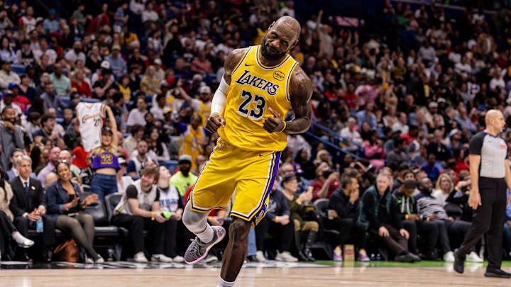 Jan 6, 2026; New Orleans, Louisiana, USA; Los Angeles Lakers forward LeBron James (23) reacts to making a three point basket against the New Orleans Pelicans during the second half at Smoothie King Center. Jan 6, 2026; New Orleans, Louisiana, USA; Los Angeles Lakers forward LeBron James (23) reacts to making a three point basket against the New Orleans Pelicans during the second half at Smoothie King Center.