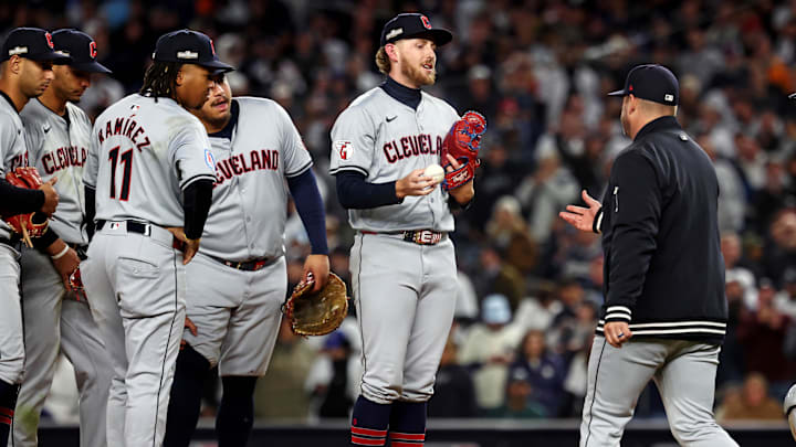 Oct 15, 2024; Bronx, New York, USA; Cleveland Guardians manager Stephen Vogt pulls pitcher Tanner Bibee (28) from the game during the second inning against the New York Yankees in Game 2 of the ALCS for the 2024 MLB Playoffs at Yankee Stadium.