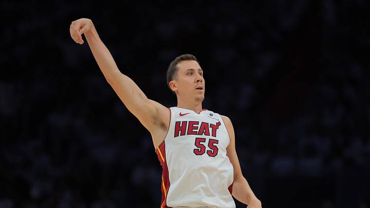 Apr 26, 2025; Miami, Florida, USA; Miami Heat forward Duncan Robinson (55) watches his shot against the Cleveland Cavaliers in the third quarter during game three for the first round of the 2025 NBA Playoffs at Kaseya Center. Mandatory Credit: Sam Navarro-Imagn Images Apr 26, 2025; Miami, Florida, USA; Miami Heat forward Duncan Robinson (55) watches his shot against the Cleveland Cavaliers in the third quarter during game three for the first round of the 2025 NBA Playoffs at Kaseya Center. Mandatory Credit: Sam Navarro-Imagn Images