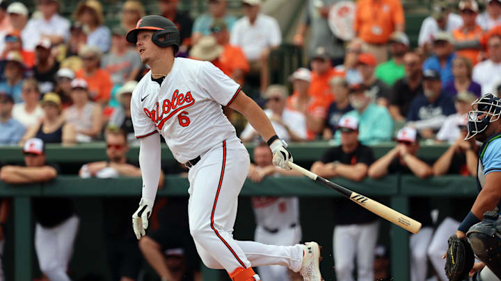 Mar 12, 2024; Sarasota, Florida, USA;  Baltimore Orioles first baseman Ryan Mountcastle (6) hits a ball during a spring training game against the Tampa Bay Rays