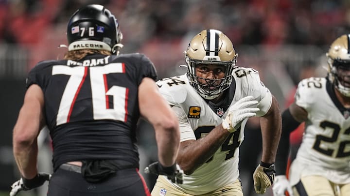 Jan 9, 2022; Atlanta, Georgia, USA; New Orleans Saints defensive end Cameron Jordan (94) tries to