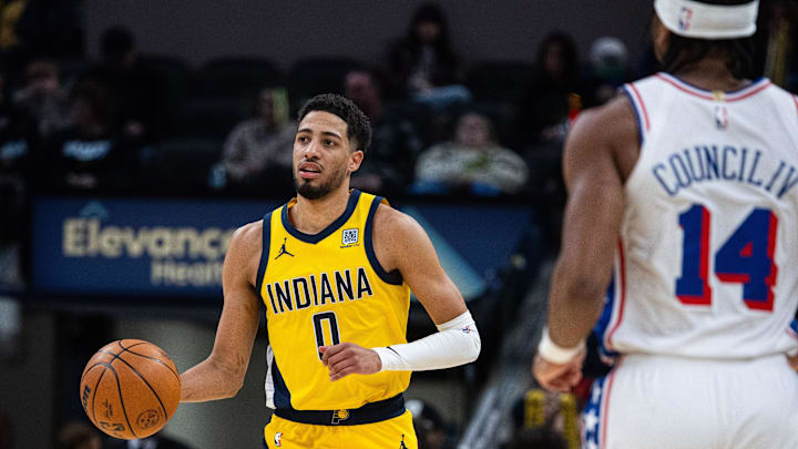 Jan 18, 2025; Indianapolis, Indiana, USA; Indiana Pacers guard Tyrese Haliburton (0) dribbles the ball in the first half against the Philadelphia 76ers at Gainbridge Fieldhouse. Mandatory Credit: Trevor Ruszkowski-Imagn Images Jan 18, 2025; Indianapolis, Indiana, USA; Indiana Pacers guard Tyrese Haliburton (0) dribbles the ball in the first half against the Philadelphia 76ers at Gainbridge Fieldhouse. Mandatory Credit: Trevor Ruszkowski-Imagn Images