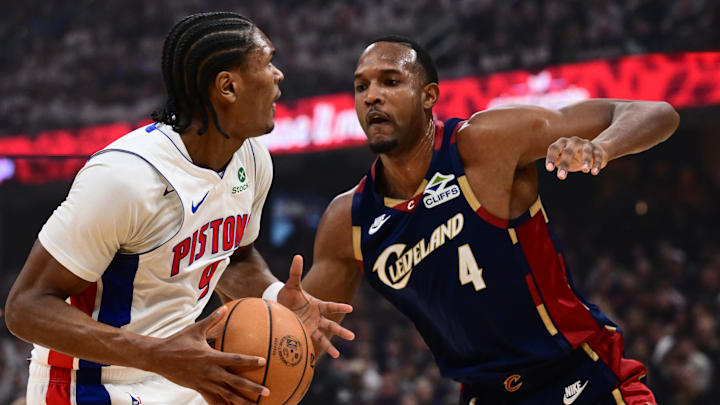May 11, 2026; Cleveland, Ohio, USA; Detroit Pistons guard Ausar Thompson (9) drives to the basket against Cleveland Cavaliers center Evan Mobley (4) during the first quarter of game four in the second round of the 2026 NBA Playoffs at Rocket Arena. Mandatory Credit: Ken Blaze-Imagn Images
