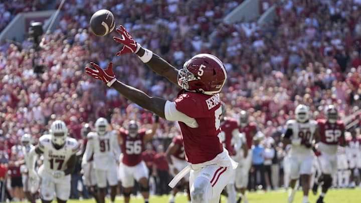 Oct 12, 2024; Tuscaloosa, Alabama, USA; Alabama Crimson Tide wide receiver Germie Bernard (5) catches a pass for a touchdown against South Carolina at Bryant-Denny Stadium. Alabama defeated South Carolina 27-25. Mandatory Credit: Gary Cosby Jr.-Imagn Images Oct 12, 2024; Tuscaloosa, Alabama, USA; Alabama Crimson Tide wide receiver Germie Bernard (5) catches a pass for a touchdown against South Carolina at Bryant-Denny Stadium. Alabama defeated South Carolina 27-25. Mandatory Credit: Gary Cosby Jr.-Imagn Images