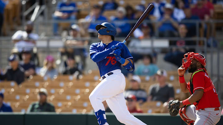 Feb 28, 2023; Phoenix, Arizona, USA; Los Angeles Dodgers catcher Diego Cartaya against the Cincinnati Reds during a spring training game at Camelback Ranch-Glendale. Mandatory Credit: Mark J. Rebilas-Imagn Images