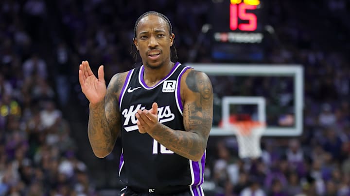 Oct 24, 2024; Sacramento, California, USA; Sacramento Kings forward DeMar DeRozan (10) claps after a play against the Minnesota Timberwolves during the second quarter at Golden 1 Center. Mandatory Credit: Sergio Estrada-Imagn Images