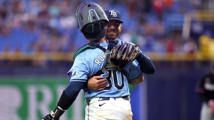 Tampa Bay Rays pitcher Hunter Bigge (43) is congratulated by catcher Ben Rortvedt (30) after they beat the Miami Marlins during the ninth inning at Tropicana Field./ Kim Klement Neitzel-Imagn Images Tampa Bay Rays pitcher Hunter Bigge (43) is congratulated by catcher Ben Rortvedt (30) after they beat the Miami Marlins during the ninth inning at Tropicana Field./ Kim Klement Neitzel-Imagn Images