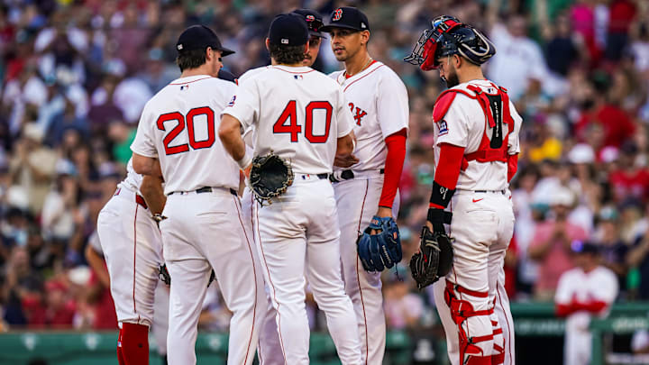 Sep 28, 2025; Boston, Massachusetts, USA; Boston Red pitcher Jose De Leon (78) is relieved as they take on the Detroit Tigers in the seventh inning at Fenway Park. Mandatory Credit: David Butler II-Imagn Images