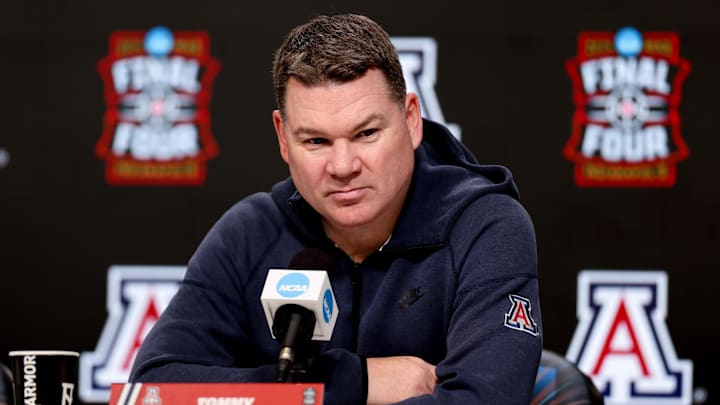Apr 3, 2026; Indianapolis, IN, USA; Arizona Wildcats head coach Tommy Lloyd speaks during a press conference ahead of the Final Four of the men's 2026 NCAA Tournament at Lucas Oil Stadium. Mandatory Credit: Trevor Ruszkowski-Imagn Images