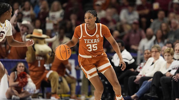 Mar 8, 2026; Greenville, SC, USA; Texas Longhorns forward Madison Booker (35) handles the ball against the South Carolina Gamecocks during the first half at Bon Secours Wellness Arena. Mandatory Credit: Jim Dedmon-Imagn Images