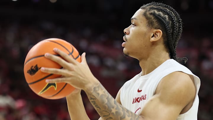 Feb 14, 2026; Fayetteville, Arkansas, USA; Arkansas Razorbacks guard Darius Acuff Jr. prior to the game against the Auburn Tigers at Bud Walton Arena. Mandatory Credit: Nelson Chenault-Imagn Images Feb 14, 2026; Fayetteville, Arkansas, USA; Arkansas Razorbacks guard Darius Acuff Jr. prior to the game against the Auburn Tigers at Bud Walton Arena. Mandatory Credit: Nelson Chenault-Imagn Images