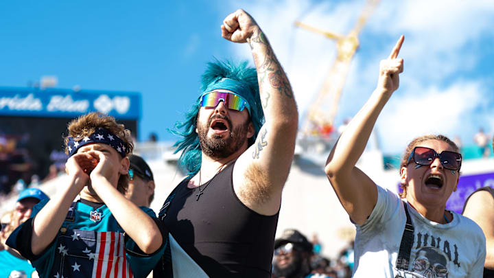 Jaguar fans were upset with officials during a call in the fourth quarter in an NFL football game at EverBank Stadium, Sunday, November 16, 2025, in Jacksonville, Fla. while playing the Los Angeles Chargers. [