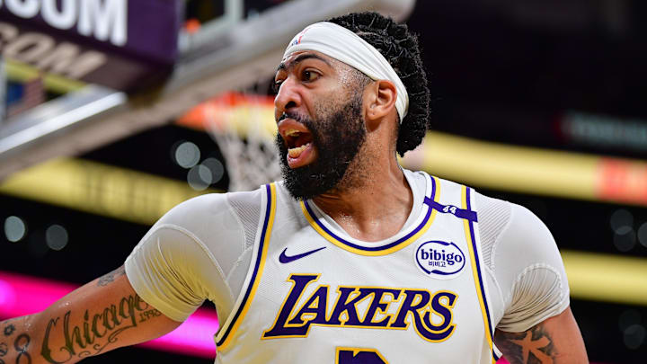 Dec 28, 2024; Los Angeles, California, USA; Los Angeles Lakers forward Anthony Davis (3) reacts during the second half at Crypto.com Arena. 