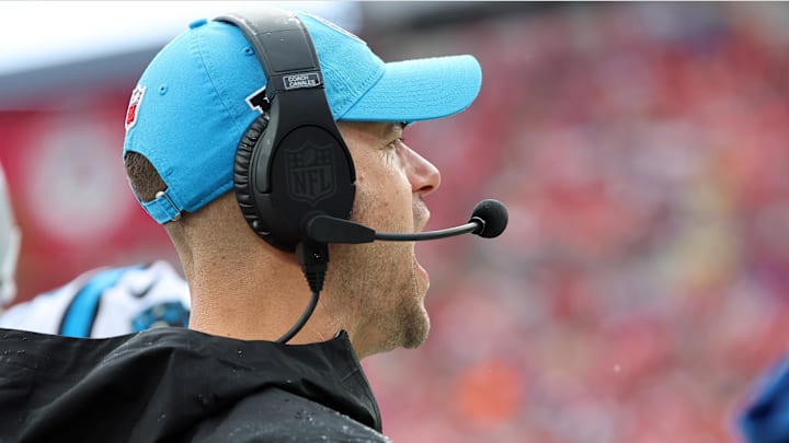 Dec 29, 2024; Tampa, Florida, USA; Carolina Panthers head coach Dave Canales against the Tampa Bay Buccaneers during the second half at Raymond James Stadium. Mandatory Credit: Kim Klement Neitzel-Imagn Images Dec 29, 2024; Tampa, Florida, USA; Carolina Panthers head coach Dave Canales against the Tampa Bay Buccaneers during the second half at Raymond James Stadium. Mandatory Credit: Kim Klement Neitzel-Imagn Images