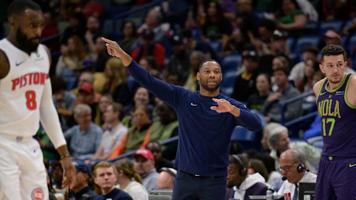 Mar 17, 2025; New Orleans, Louisiana, USA; New Orleans Pelicans head coach Willie Green coaches against the Detroit Pistons during the first half at Smoothie King Center. Mandatory Credit: Matthew Hinton-Imagn Images