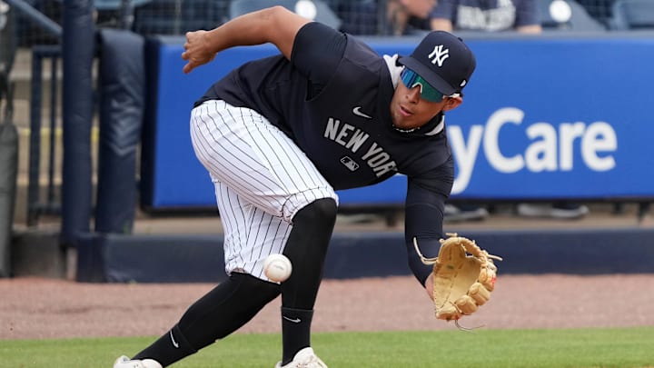 Feb 19, 2025; Tampa, FL, USA; New York Yankees third base Oswaldo Cabrera (95) fields the ball during spring training practice at George M. Steinbrenner Field.