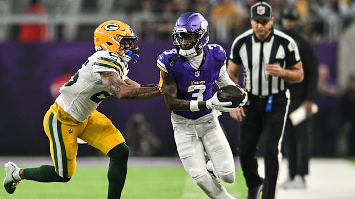 Dec 29, 2024; Minneapolis, Minnesota, USA; Minnesota Vikings wide receiver Jordan Addison (3) is knocked out of bounds by Green Bay Packers cornerback Keisean Nixon (25) during the second quarter at U.S. Bank Stadium. Mandatory Credit: Jeffrey Becker-Imagn Images Dec 29, 2024; Minneapolis, Minnesota, USA; Minnesota Vikings wide receiver Jordan Addison (3) is knocked out of bounds by Green Bay Packers cornerback Keisean Nixon (25) during the second quarter at U.S. Bank Stadium. Mandatory Credit: Jeffrey Becker-Imagn Images