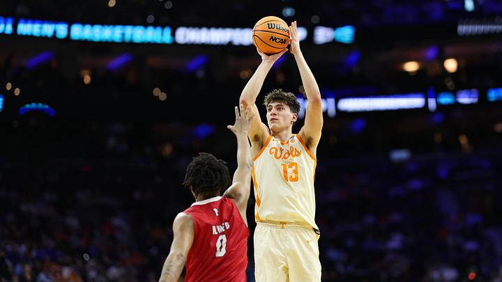 Mar 20, 2026; Philadelphia, PA, USA; Tennessee Volunteers forward J.P. Estrella (13) takes a shot as Miami (OH) RedHawks forward Eian Elmer (0) defends during the second half during a first round game of the men's 2026 NCAA Tournament at Xfinity Mobile Arena. Mandatory Credit: Bill Streicher-Imagn Images