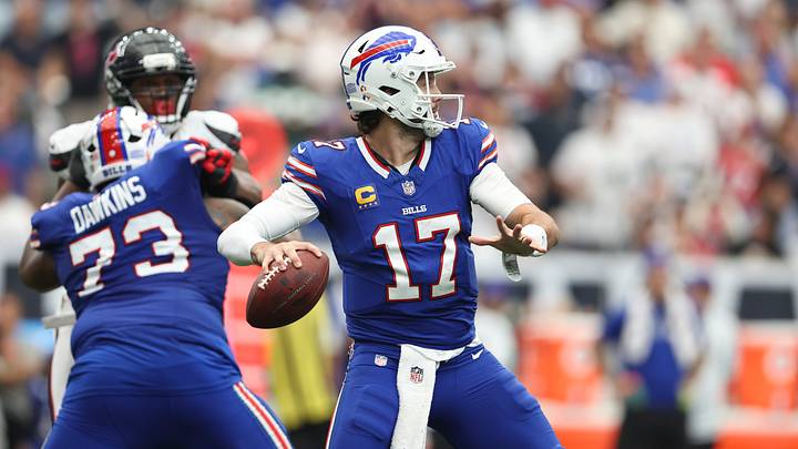 Sep 13, 2026; Houston, Texas, USA; Buffalo Bills quarterback Josh Allen (17) passes the ball during the game against the Houston Texans at Reliant Stadium. Mandatory Credit: Troy Taormina-Imagn Images