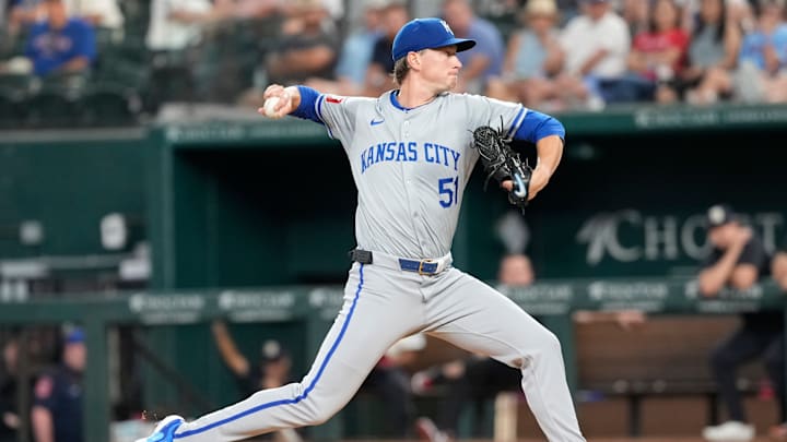 Jun 21, 2024; Arlington, Texas, USA; Kansas City Royals starting pitcher Brady Singer (51) delivers a pitch to the Texas Rangers during the fourth inning at Globe Life Field. 